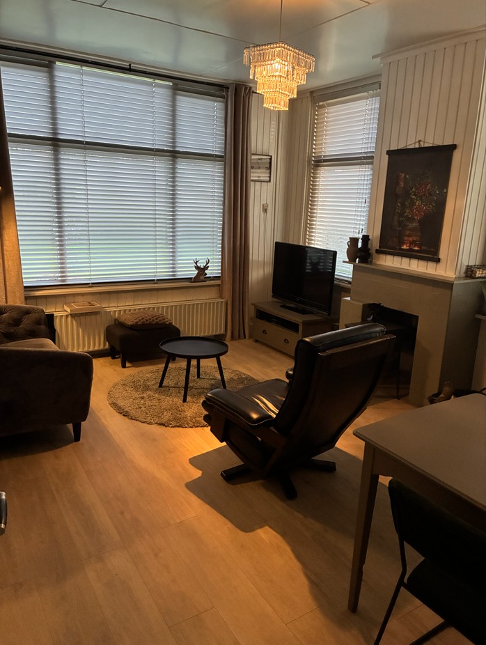 Woonkamer met zithoek, schouw en grote ramen in warm avondlicht