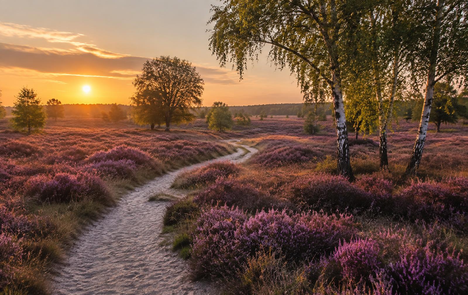 Bloeiende heide bij zonsondergang